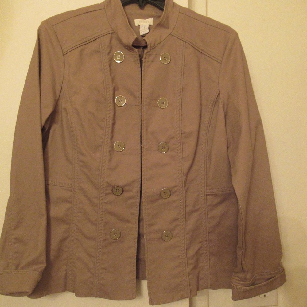 Chico's Taupe Tan Jacket Button Detail Hook Loop Closure Size 1 Womens